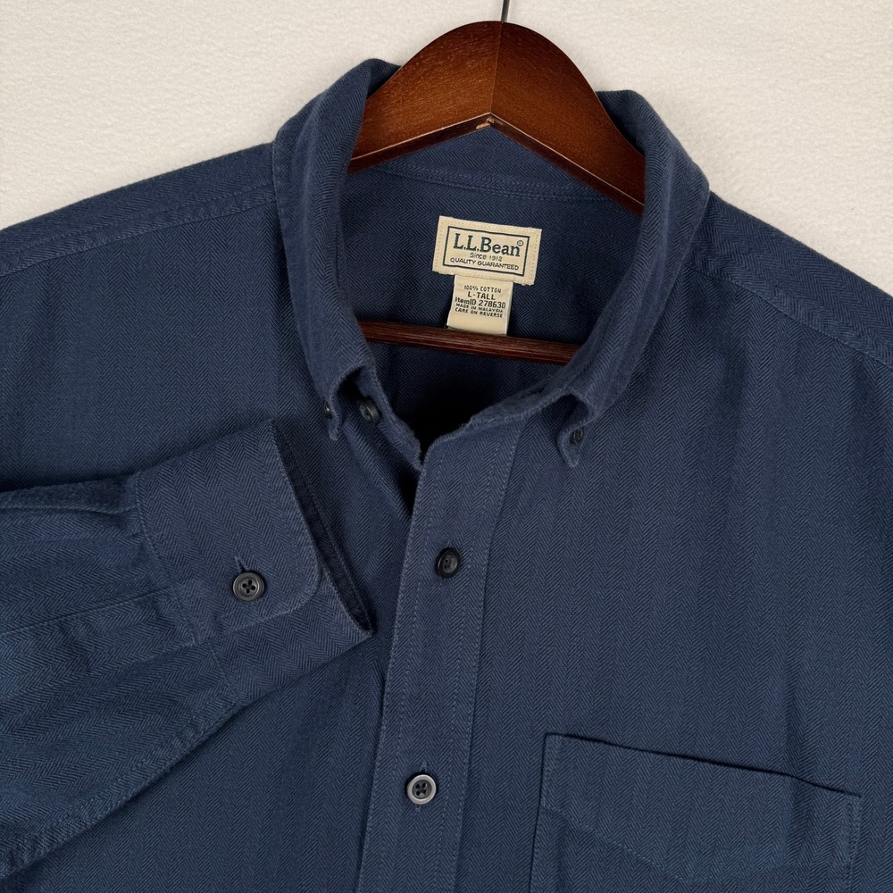 LL Bean Mens Large Tall Navy Blue Herringbone Flannel Button Up Shirt 278630